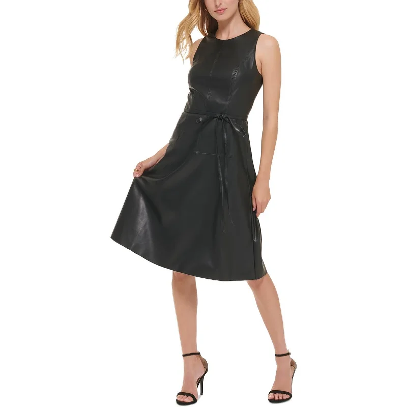 Women's Chic Outerwear Garments Elevated Style Womens Faux Leather Sleeveless Midi Dress