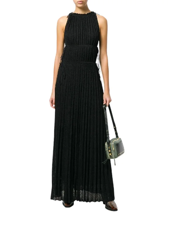 Women's High-End Clothing Feminine Elegance Knit Floral Glitter Pleated Long Maxi Dress In Black