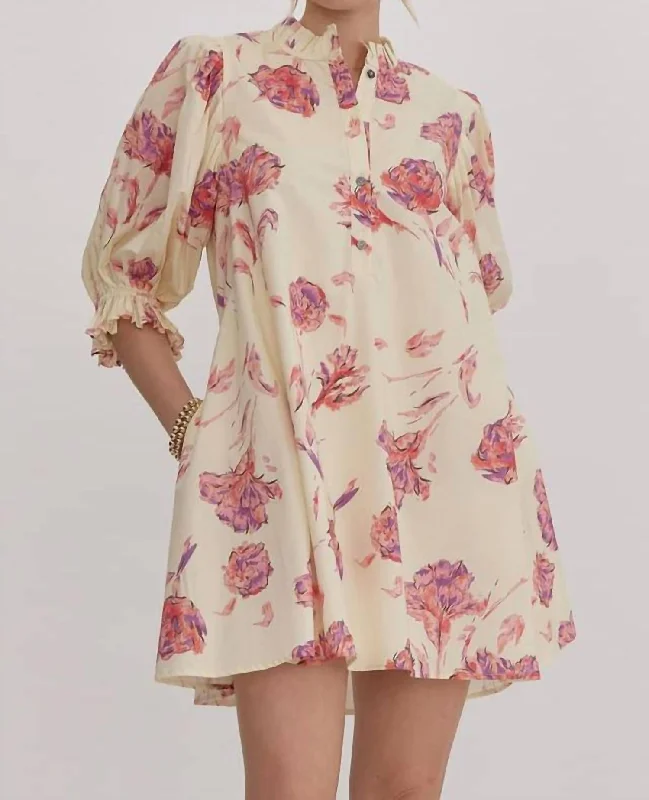 Women's Transitional Attire Seasonal Trend Floral Shirt Dress In Cream