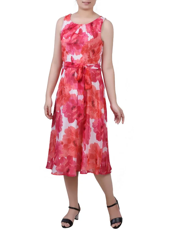 Women's Luxury Apparel Timeless Elegant Petites Womens Floral Print Calf Midi Dress