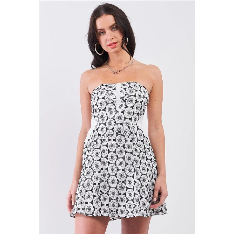 Women's Clothes And Garments Effortless Sophistication White & Black Floral Crochet Sleeveless Strapless Smock Back Detail Mini Dress