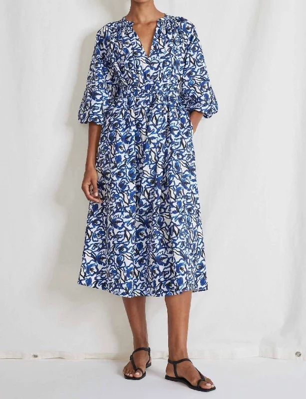 Women's Professional Apparel Refined Look Sun Mesa Midi Dress In Brushed Floral Indigo