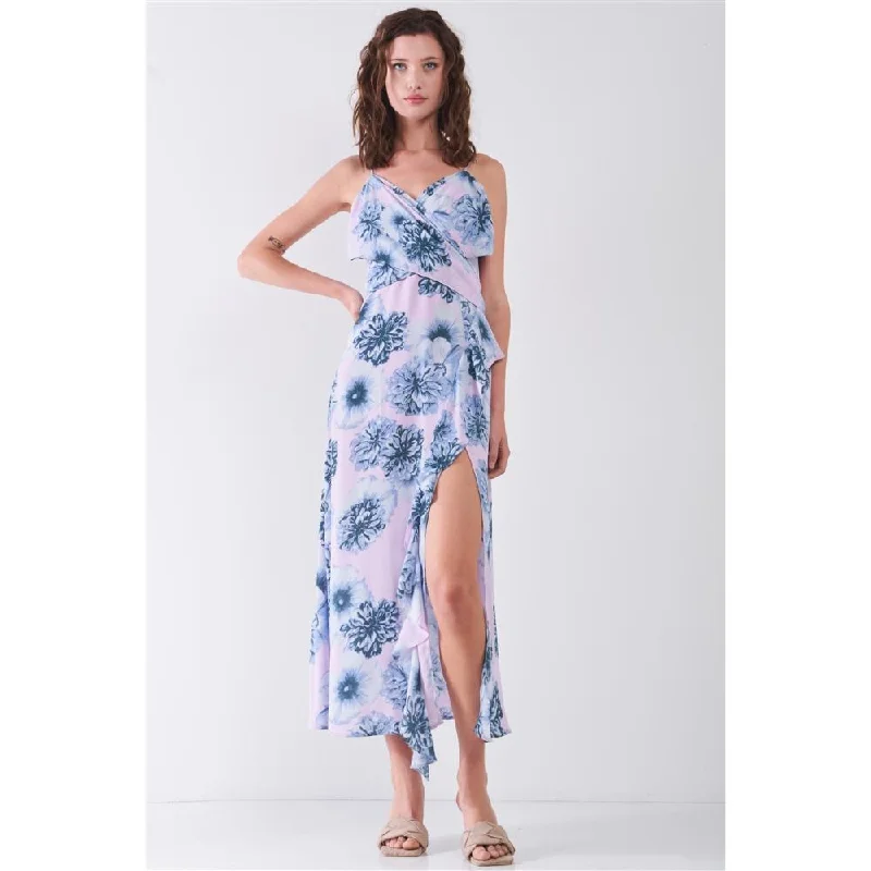 Women's Activewear Garments Fashion-Forward Style Floral Print Sleeveless Self-tie Wide Wrap Front Ruffle Hem Side Slit Detail Midi Dress