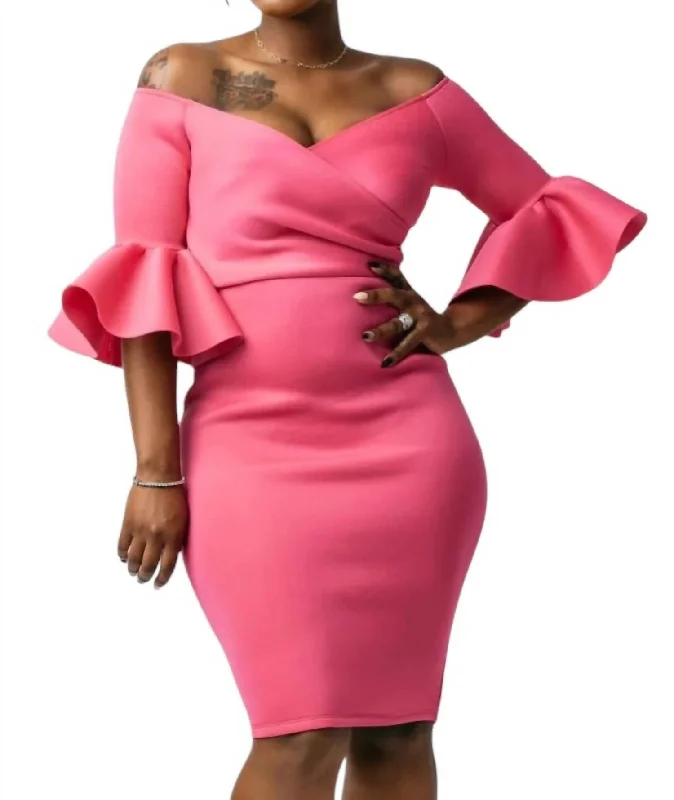 Modern Women's Attire Minimalist Elegant Off The Shoulder 3/4 Midi Dress In Fuchsia