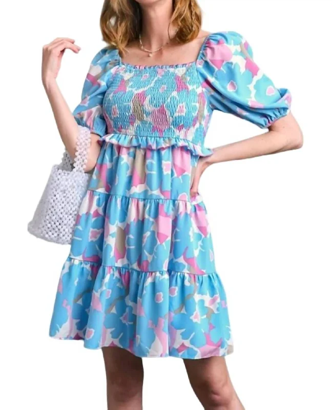 Women's Evening Apparel Boho Chic Floral Print Smocked Tiered Dress In Blue