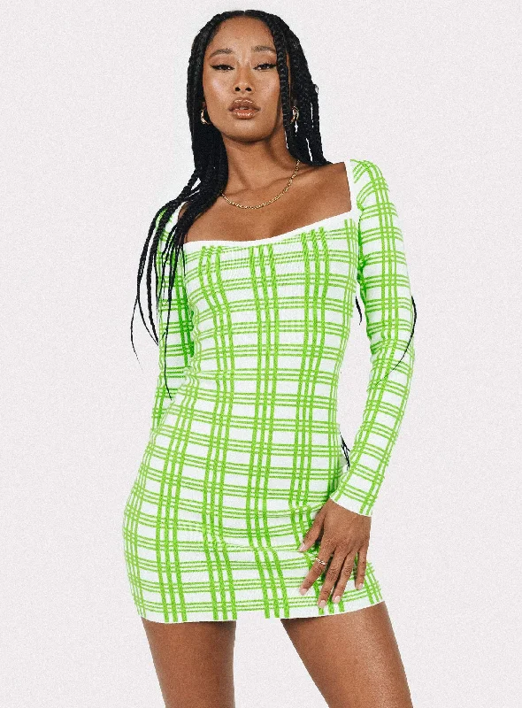 Timeless Women's Apparel Disco - Inspired Retro Dance Look Sybil Long Sleeve Mini Dress Green / White