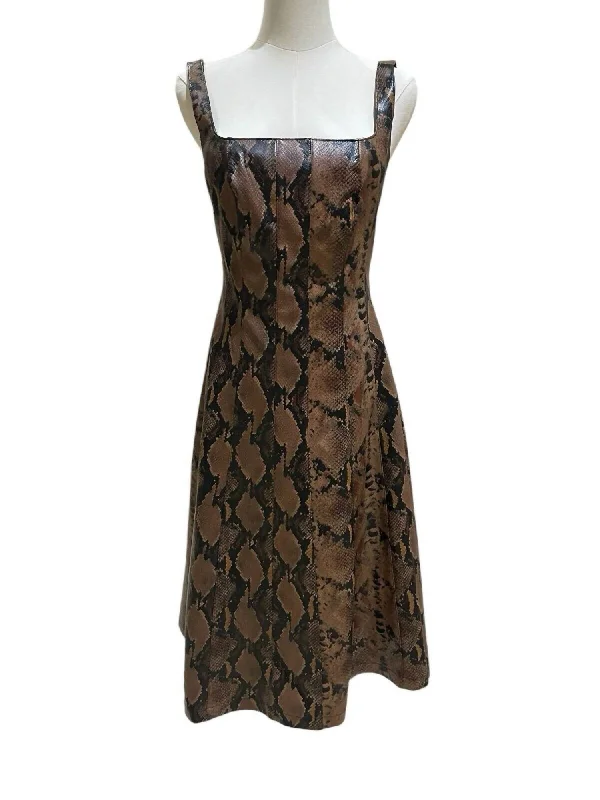 Women's Clothes For The Office Refined Simplicity Snake Faux Leather Square Neck Sleeveless Midi Dress In Brown