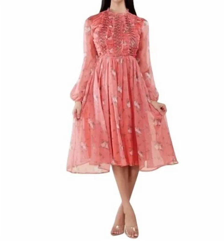 Affordable Women's Clothing Boho Chic Spring Floral Dress In Coral