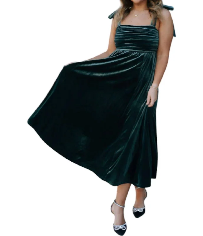 Women's Active Garments For Workouts Subtle Sophistication Velvet Tie Strap Midi Dress In Green