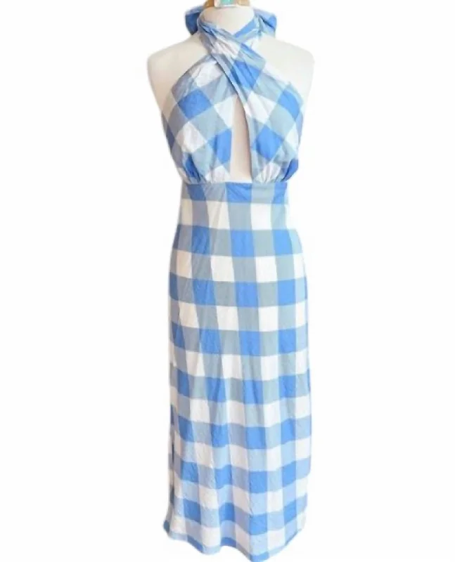 Affordable Women's Clothing Elegant Contour Women's Checkered Halter Midi Dress In Ivory/blue