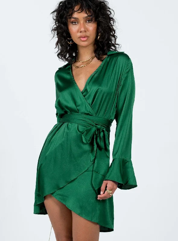 Women's Apparel And Garments Flowy Fabric Spiers Wrap Mini Dress Green