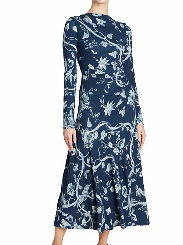 Comfortable Women's Apparel Floral Style Long Sleeve Floral Jersey Midi Dress With Drawstring In Indigo