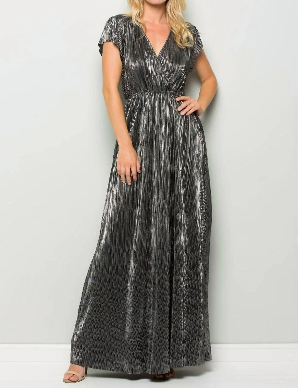 Women's Date Night Outfit Charming Silhouette Metallic Pleated Wrap Maxi Dress In Black