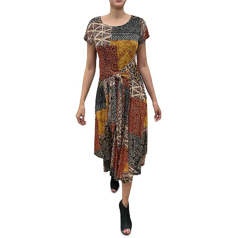 Women's Wardrobe Apparel Elegant Contour Womens Printed Tie Waist Midi Dress