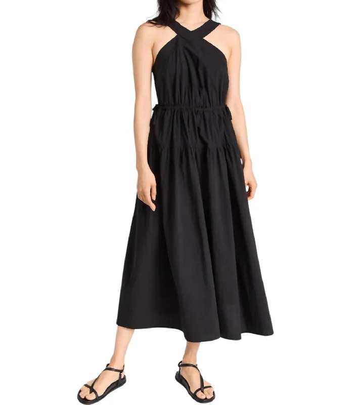 Women's Comfortable Lounge Attire Casual Chic Poplin Tiered Midi Dress In True Black