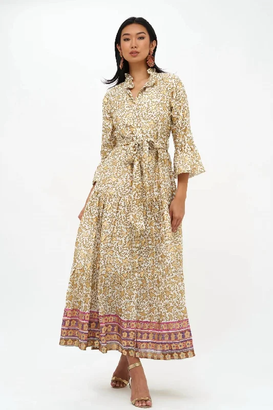 Women's Floral Print Outfit Disco - Inspired Retro Dance Look Ruffle Collar Bell Maxi Dress In Olive Marchesa