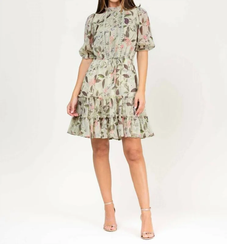 Stylish Women's Clothing Vintage Look Floral Chiffon Print Ruffle Dress In Green