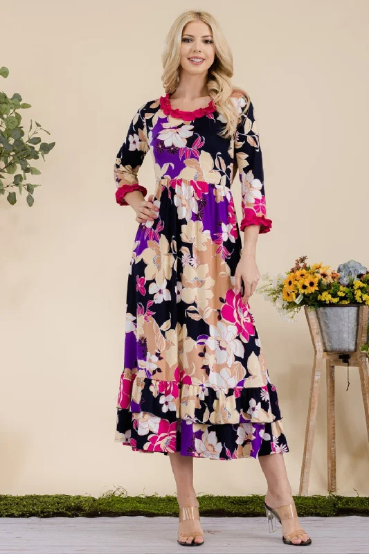 Women's Holiday Attire Modern Romance Full Size Floral Ruffled Midi Dress