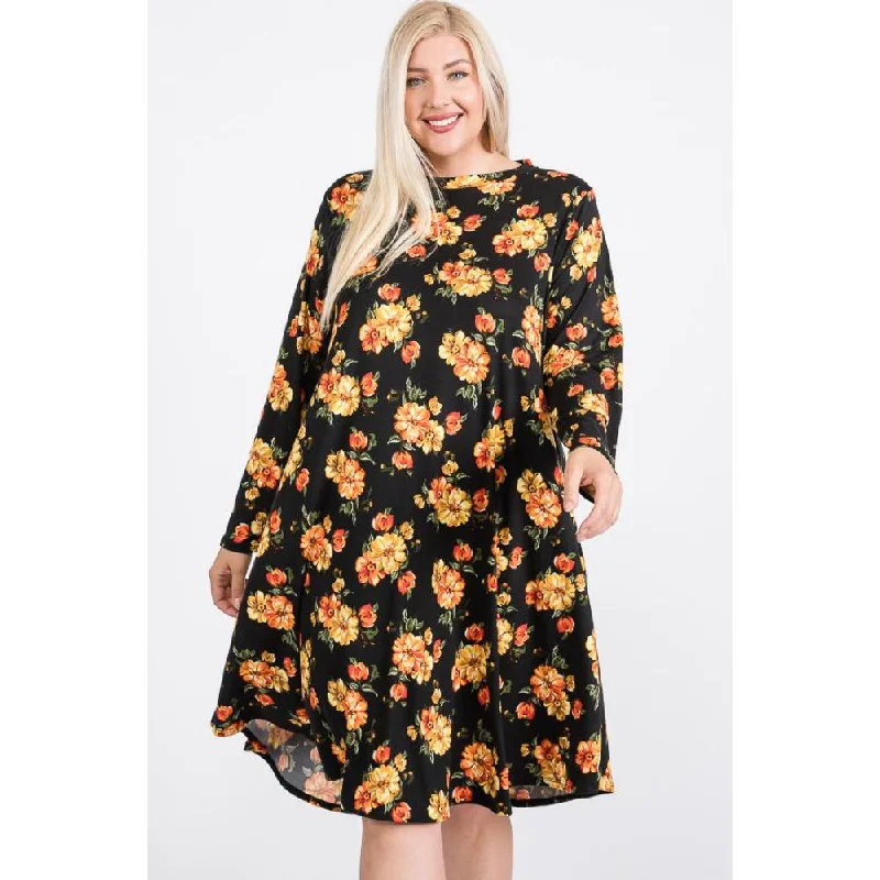 Women's Outerwear Garments Vintage Elegance Floral Mock Neck Hidden Pocket Round Hem Midi Dress