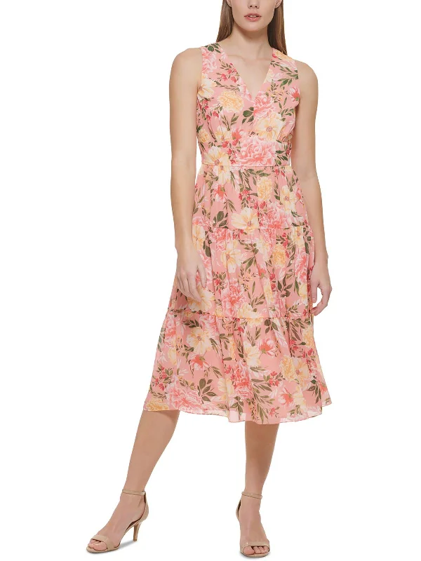 Women's Clothing Apparel Sets Chic Sophistication Womens Floral Print Calf Midi Dress