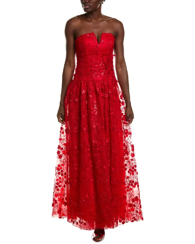 Women's Fashionable Clothing Sets Flowy Fabric ML Monique Lhuillier Celia Floral Applique Gown