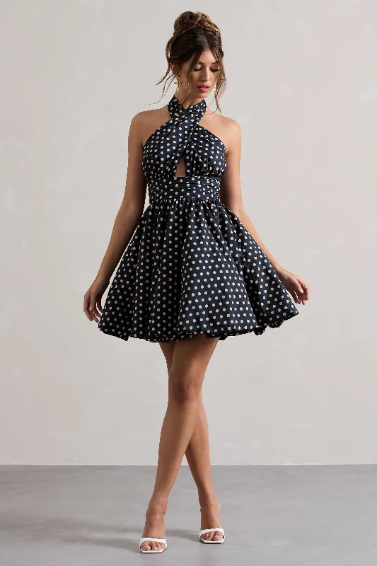 Women's Layered Outfit Refined Look Levie | Navy Polka Dot Halter-Neck Mini Dress