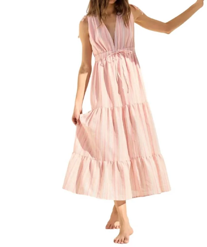 Women's Luxury Attire Weekend Special Striped V-Neck Maxi Dress In Peach