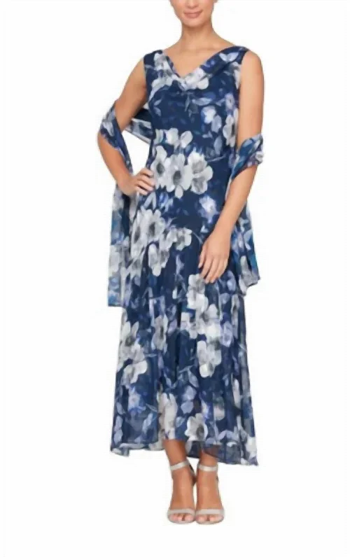 Women's Work Outfit Elevated Style Floral Print Tea Length Dress In Navy/multi