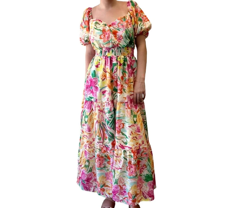 Women's Everyday Attire Feminine Charm Garden Floral Midi Dress In Ivory Fuchsia