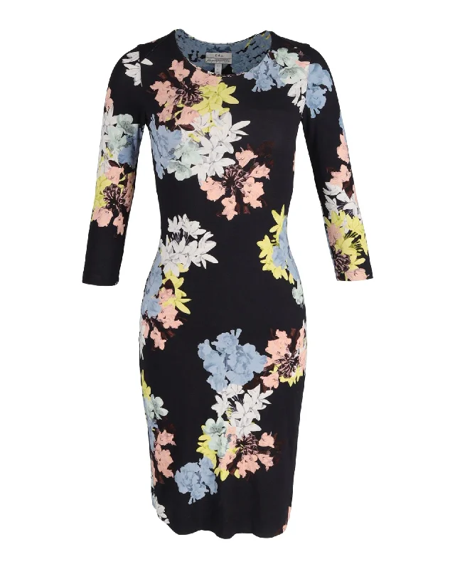 Women's Chic Outerwear Garments Tropical Island - Inspired Attire Erdem Floral Jersey Midi Dress in Black Cotton