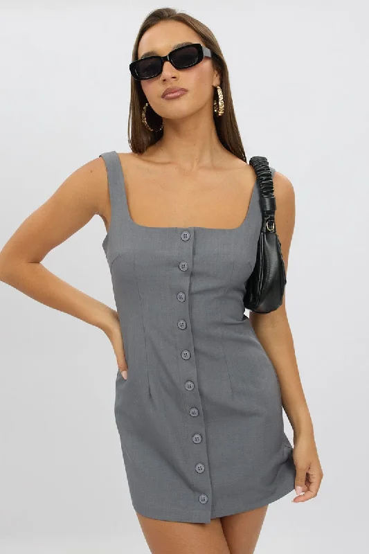 Women's Formal Event Clothing Flash Sale Grey Mini Dress Square Neck Button Down