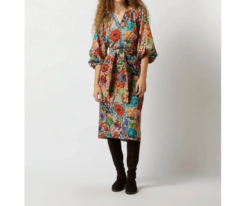 Women's Clothing For Casual Outings Refined Look Trapunto Blouson Dress In Multi Floral Crepe