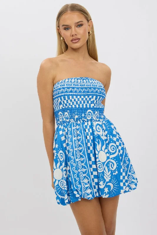 Women's Trendy Clothing Ethnic Cultural Event Wear Blue Abstract Balloon Mini Dress Strapless