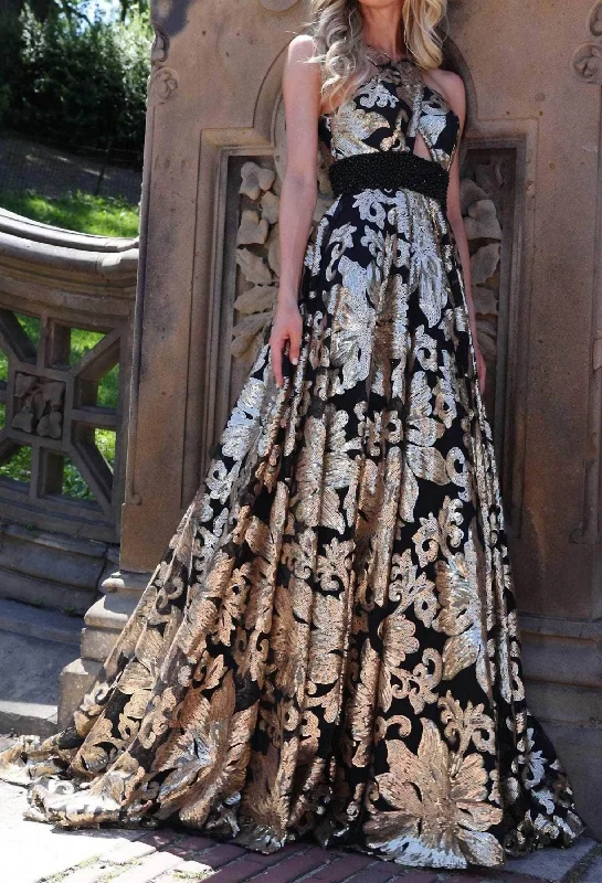 Vintage Clothing For Women Timeless Elegant Floral Sequined High Waisted Crisscross Gown In Black/gold