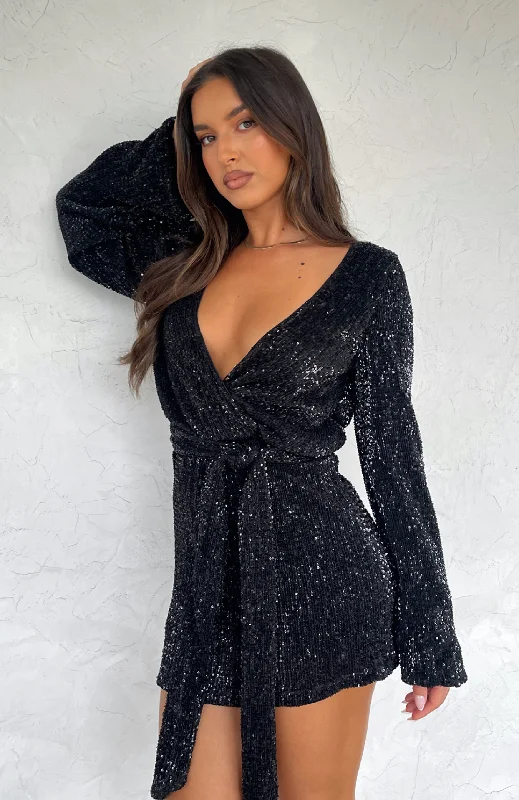 Women's Vacation Outfit Feminine Allure Stars Shining Long Sleeve Mini Dress Black