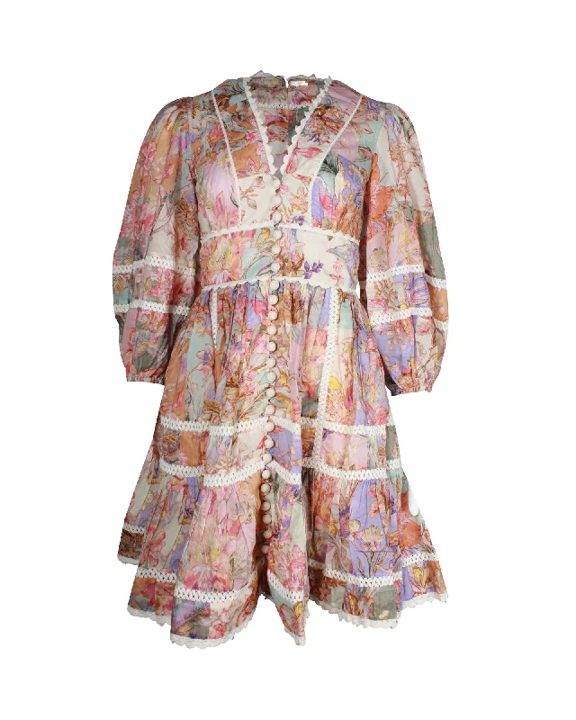 Women's High-Fashion Outfit Limited - Stock Zimmermann Cira Lantern Puff-sleeve Floral Mini Dress in Multicolor Linen