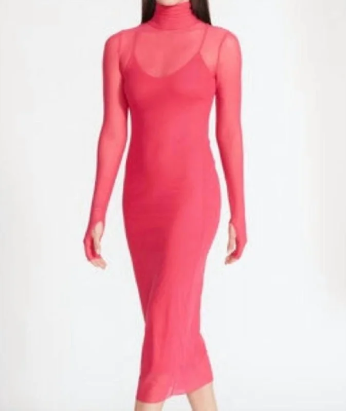 Women's Stylish Professional Apparel Sleek Design Vivienne Hot Pink Mesh Midi Dress in Hot Pink