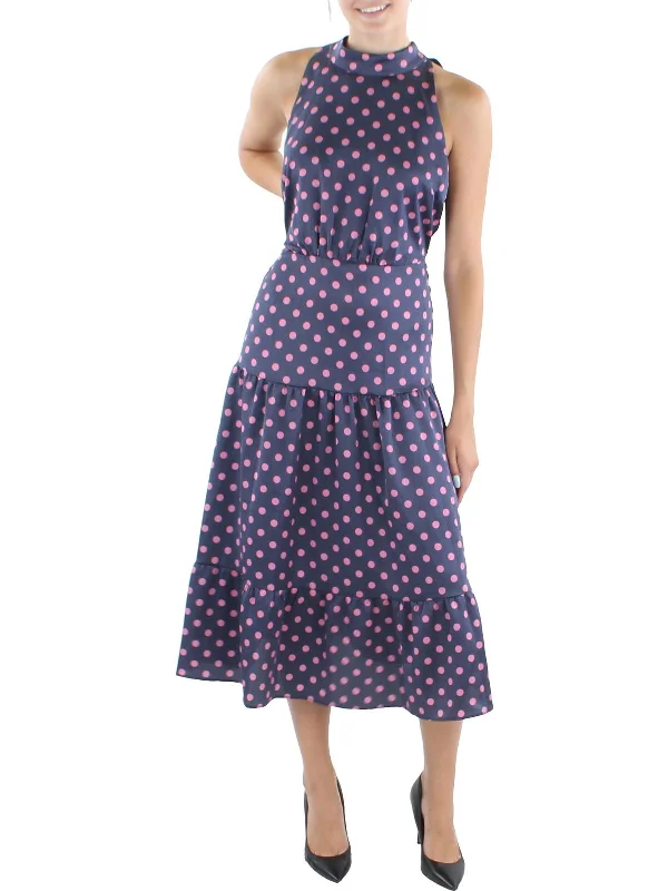 Women's Office Clothing Luxury Style Womens Polka Dot Tie Neck Maxi Dress