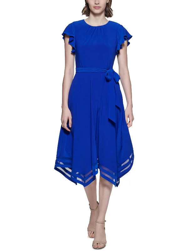 Women's Transitional Clothes Luxe Layering Petites Womens Handkerchief-Hem Knee Midi Dress