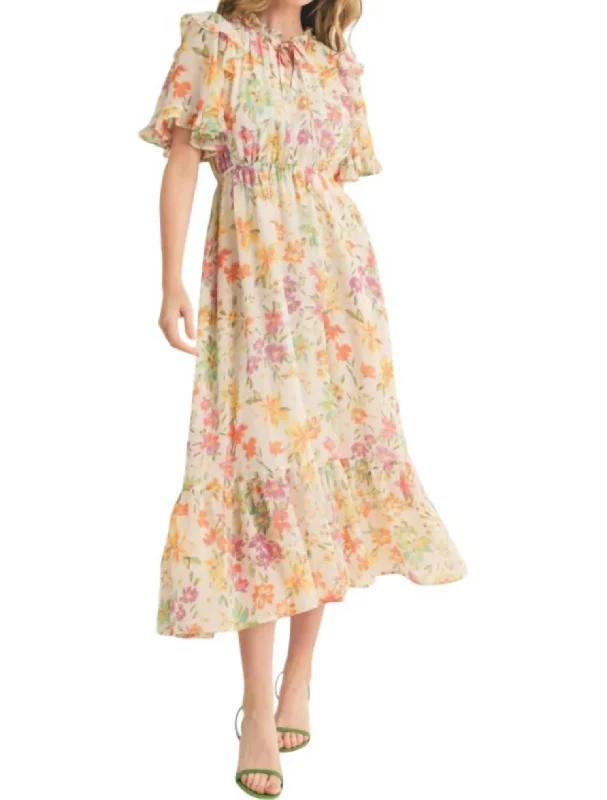 Elegant Clothing For Women Vintage Charm Floral Flutter Sleeve Midi Dress In Ivory/pink