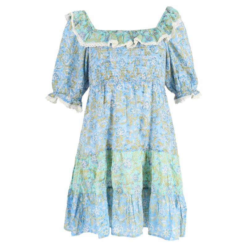 Women's Trendy Outfit Classic Charm Rixo Harlow Floral Tiered Mini Dress in Light Blue Cotton