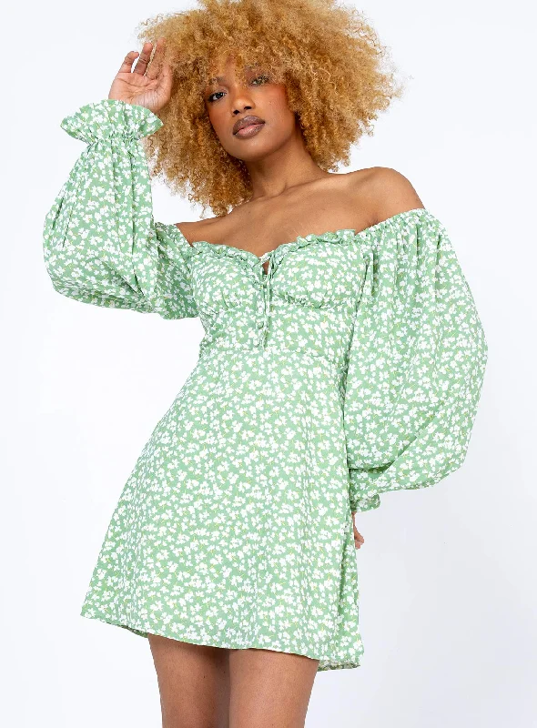 Plus-Size Women's Garments Dreamy Aesthetic Love Birds Long Sleeve Mini Dress Green