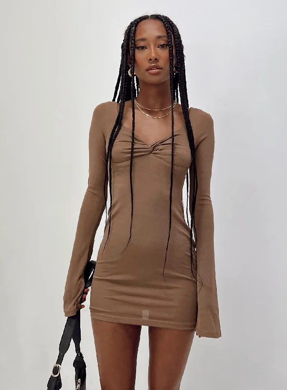 Women's Romantic Outfit Graceful Drape Wesley Long Sleeve Mini Dress Brown