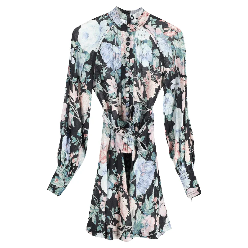 Women's Outdoor Attire Bold Silhouette Zimmermann Floral Print Mini Dress in Blue Linen