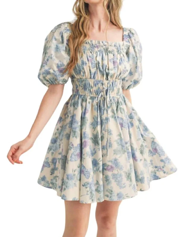 Women's Workout Clothing Romantic Flair Floral Puff Sleeve Mini Dress In Ivory Blue