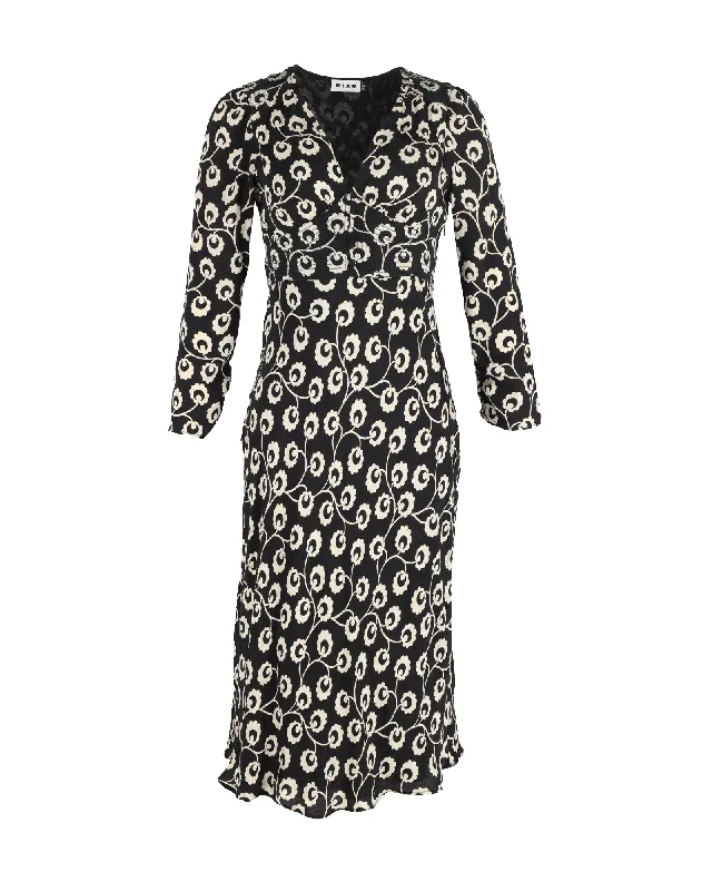 Women's Plus-Size Garments Cottagecore Rustic Charm Style Rixo Stevie Floral-Print Jacquard Midi Dress in Black Silk