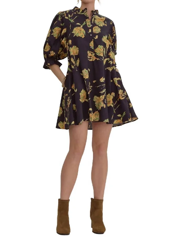 Women's Elegant Evening Attire Refined Simplicity Floral Shirt Dress In Black