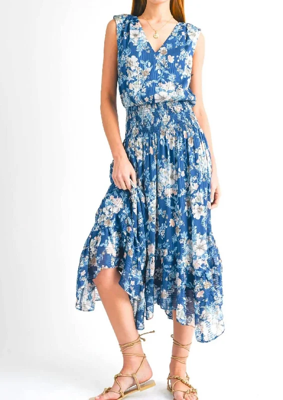 Women's Travel Outfit Set Feminine Elegant Pier Floral Dress In Navy Floral