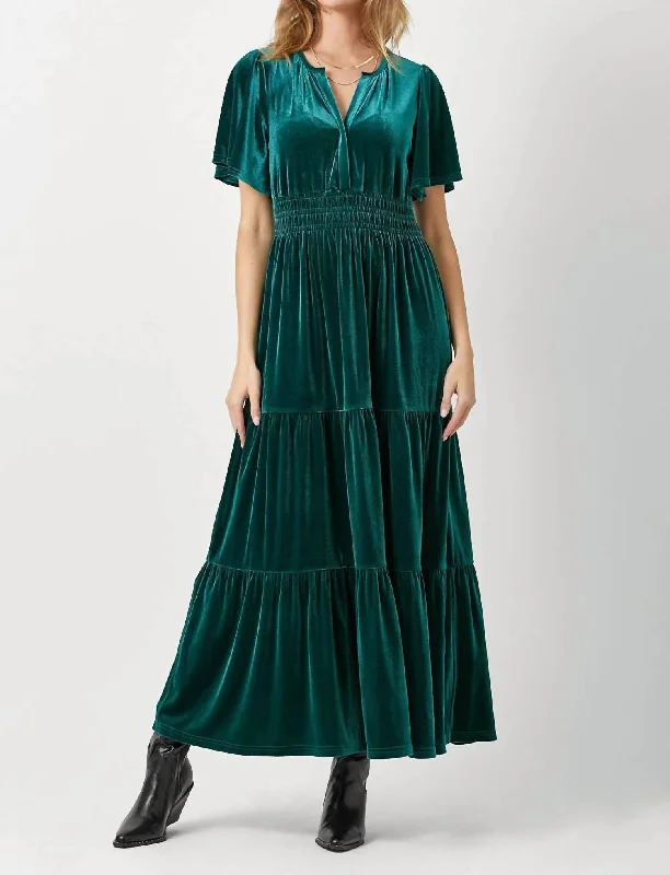 Women's Party Clothes Subtle Sophistication Ruffled Velvet Maxi Dress In Emerald