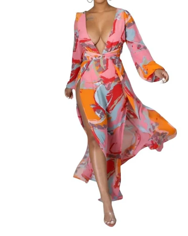 Women's Trendy Casual Clothes Effortless Sophistication Long Sleeve Plunge Maxi Dress In Orange Multi